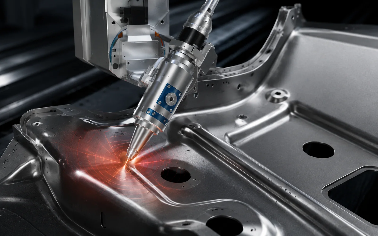 Close-up illustration of a five-axis cutting head working on a formed metal part