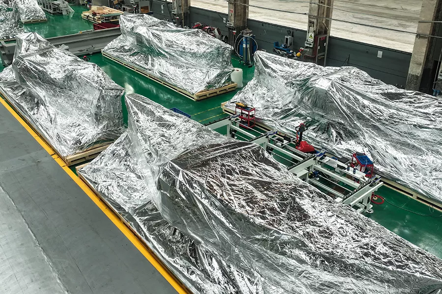 Finished machines wrapped and prepared for shipment